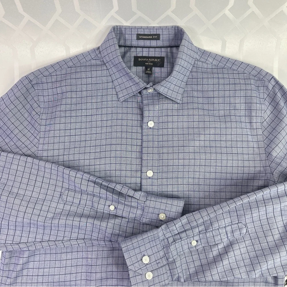 Banana Republic Standard Fit Blue Geometric Grid Long Sleeve Button Down Shirt M